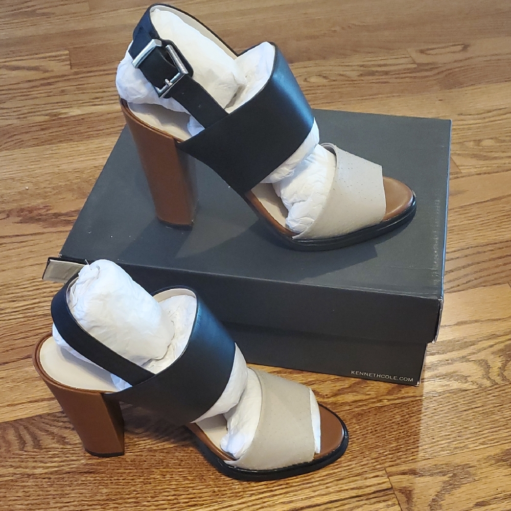 Kenneth Cole Black and Tan Heeled Sandals